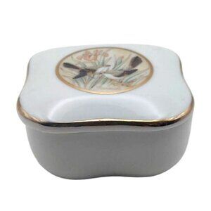 Lefton China Porcelain Trinket Box Chokin Tennessee Birds w/ Gold Trim Lid 1988